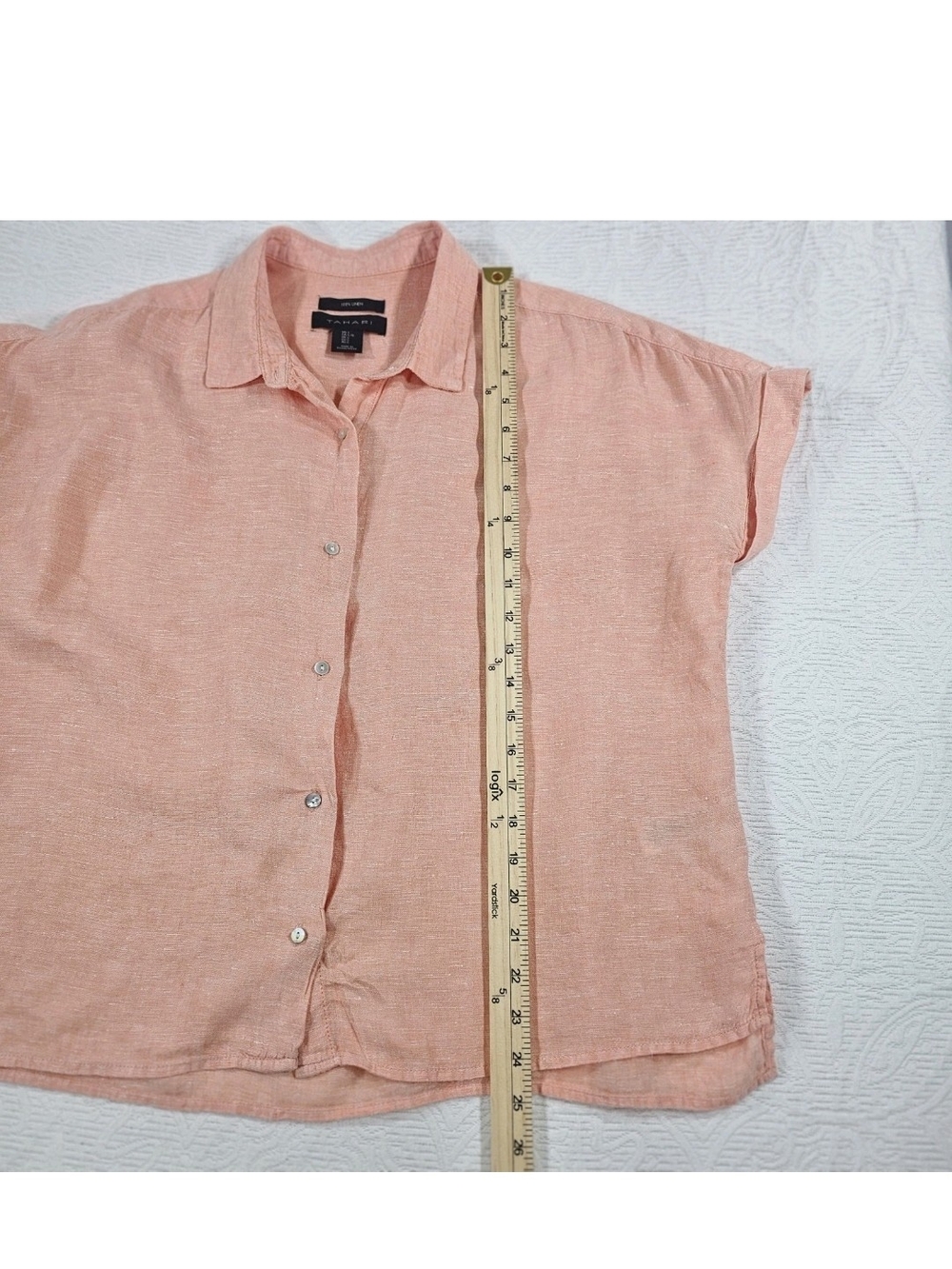 100% Linen Womens Blouse Top Peach Button-up Short Sleeve Minimalist Relaxed L - Picture 4 of 5